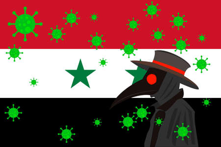 Black plague doctor surrounded by viruses with copy space with Syria flag.のイラスト素材