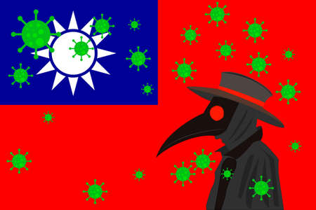 Black plague doctor surrounded by viruses with copy space with Taiwan flag.のイラスト素材