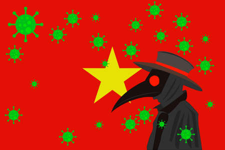 Black plague doctor surrounded by viruses with copy space with VIETNAM flag.のイラスト素材