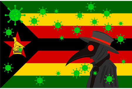Black plague doctor surrounded by viruses with copy space with ZIMBABWE flag.のイラスト素材