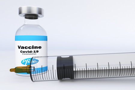 Pfizer and BioNTech american vaccine with a syringe and a container bottle in the treatment of coronavirus disease 2019 COVID-19 covid19 covid 3D RENDER.のeditorial素材