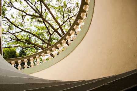 Interesting point of view of a staircase with leafy trees around it.の写真素材