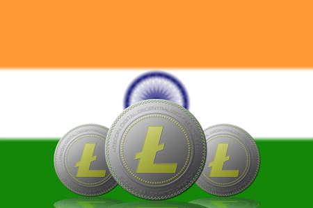 3D ILLUSTRATION Three cryptocurrency with flag on background.