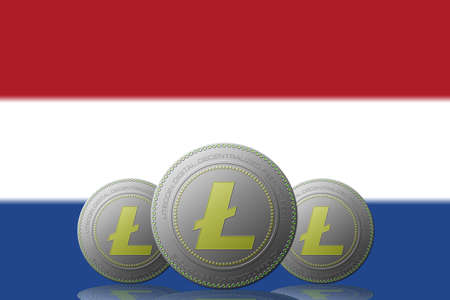3D ILLUSTRATION Three cryptocurrency with flag on background.