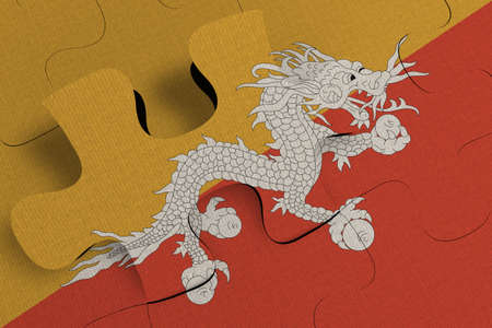 Composition of the concept of crisis and integration of a country    Bhutan  FLAG PAINTED ON PUZZLE 3D RENDERの写真素材