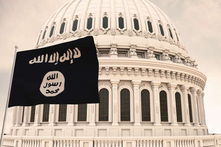 Beautiful flag of Islamic States-K KHORASAN waving with the strong wind and behind it the dome of the Capitol UNITED STATES OF AMERICA USA 3D RENDER.の写真素材