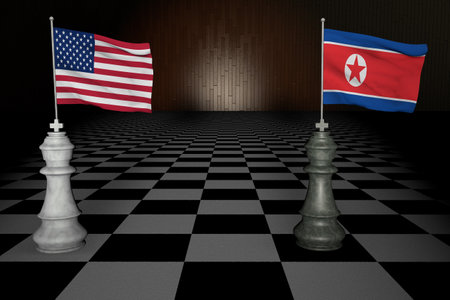 Spectacular concept rendering of two piece checkers chess representing the United States of America USA and South Korea 3D RENDERING.の写真素材