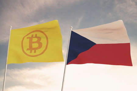 Interesting Flags of BITCOIN and CZECHOSLOVAKIA waving with the bright sky in the background 3D renderingの写真素材