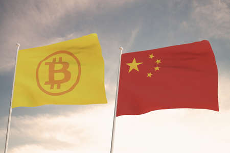 Interesting Flags of BITCOIN and CHINA waving with the bright sky in the background 3D renderingの写真素材