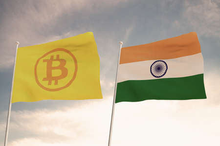 Interesting Flags of BITCOIN and INDIA waving with the bright sky in the background 3D renderingの写真素材
