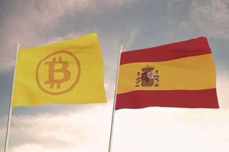 Interesting Flags of BITCOIN and SPAIN waving with the bright sky in the background 3D renderingの写真素材