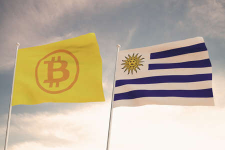 Interesting Flags of BITCOIN and URUGUAY waving with the bright sky in the background 3D renderingの写真素材