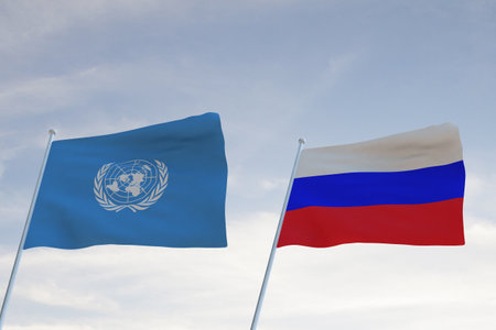 Flags of UNITED NATIONS,UN and RUSSIA waving with cloudy blue sky background,3D rendering WARのeditorial素材
