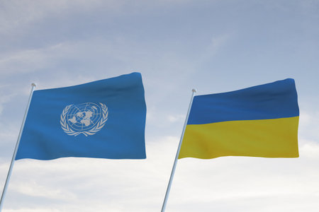Flags of UNITED NATIONS,UN and RUSSIA waving with cloudy blue sky background,3D rendering WARのeditorial素材