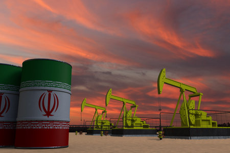 Nice pumpjack oil extraction and cloudy sky in sunset with the IRAN flag on oil barrels 3D renderingの写真素材