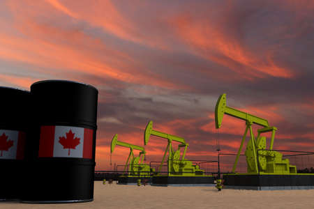 Nice pumpjack oil extraction and cloudy sky in sunset with the CANADA flag on oil barrels 3D renderingの写真素材