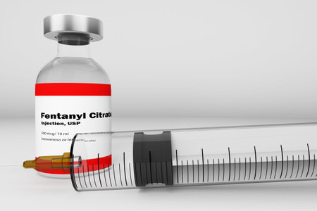 Spectacular bottle of fentanyl citrate with a syringe against a white background. 3D render.の写真素材