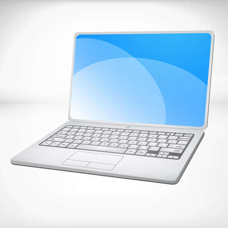 metallic 3d rendering of a laptop with blue graphicsの写真素材