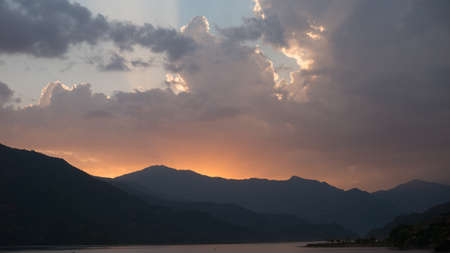 Beautiful view of sunset over mountains in Nepalの写真素材