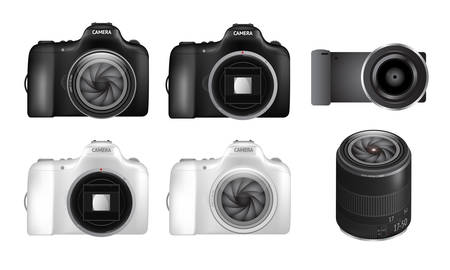 Realistic dslr camera set and three dimensional lensのイラスト素材