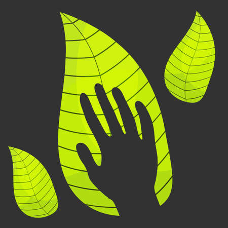 hand inside green leaf on a black backgroundのイラスト素材