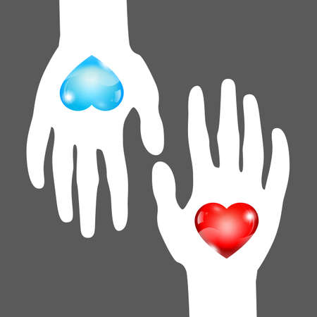 blue and red hearts in white hands on a dark backgroundのイラスト素材