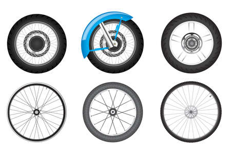 realistic black motorcycle and bicycle wheel setのイラスト素材