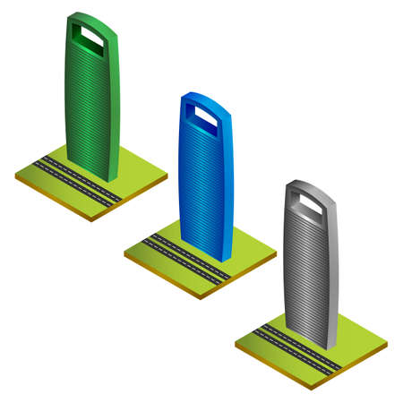 colored isometric skyscrapers with green ground and roadsのイラスト素材