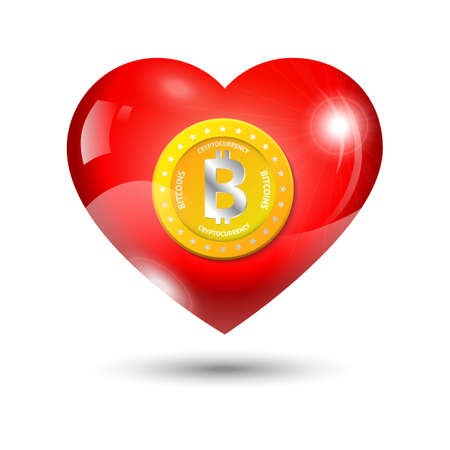 Golden bitcoin in a red shiny heartのイラスト素材