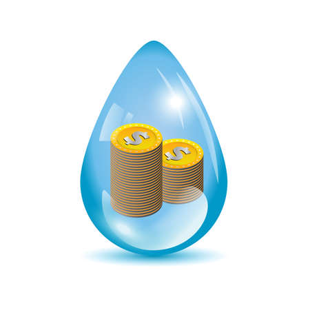 Golden dollar coins in a a water drop bubbleのイラスト素材