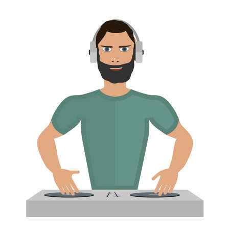 Smiling DJ with console on a white backgroundのイラスト素材