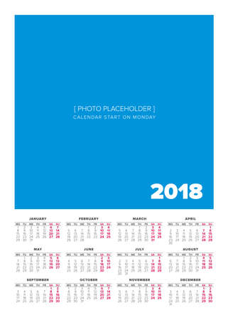 Simple 2018 year calendar, week starts on Mondayのイラスト素材