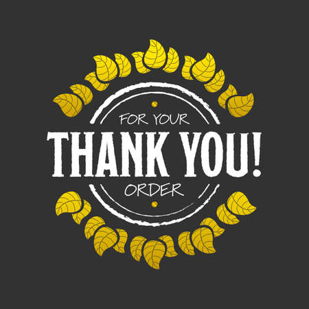 Golden Thank you badge with leaves on black backgroundのイラスト素材