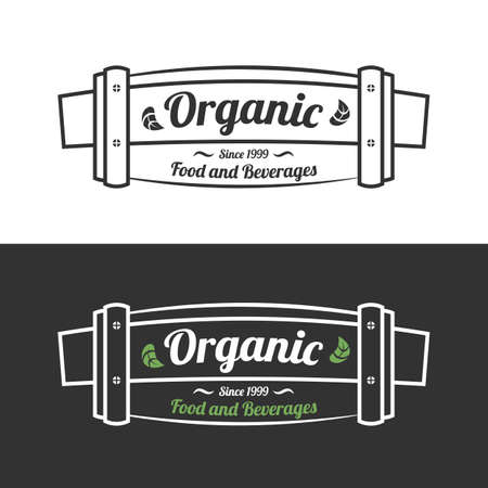 Organic food banner or sign with leaves on white and black backgroundsのイラスト素材