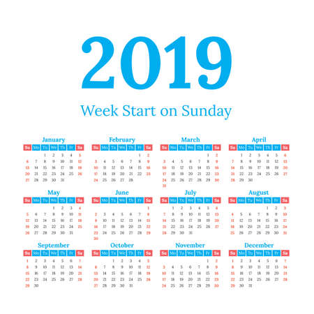 Simple classic style 2019 year calendar, week starts on sundayのイラスト素材