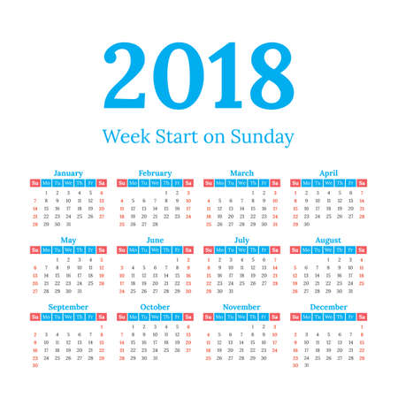 Simple classic style 2018 year calendar, week starts on sundayのイラスト素材