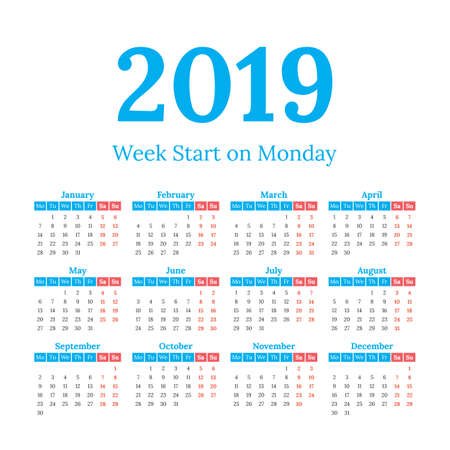 Simple classic style 2019 year calendar, week starts on mondayのイラスト素材