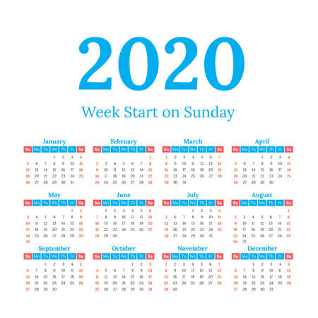 Simple classic style 2020 year calendar, week starts on sundayのイラスト素材