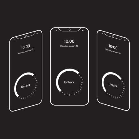 Outlined smartphones on black background. Different anglesのイラスト素材