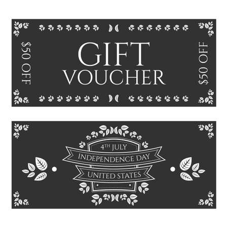 Gift certificate or card in vintage floral theme style dedicated American Independence dayのイラスト素材