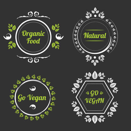 Organic food vintage vignettes banners set on black backgroundのイラスト素材