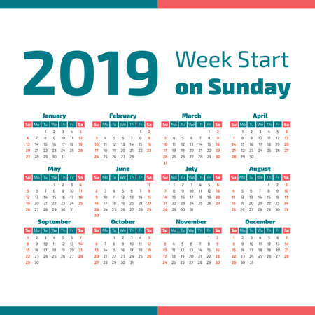 Simple 2019 year calendar, week starts on Sunday vector illustrationのイラスト素材
