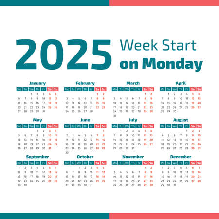 Simple 2025 year calendar, week starts on Mondayのイラスト素材