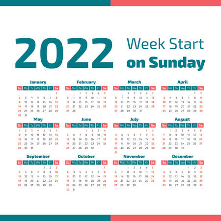 Simple 2022 year calendar, week starts on Sundayのイラスト素材