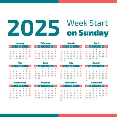 Simple 2025 year calendar, week starts on Sundayのイラスト素材