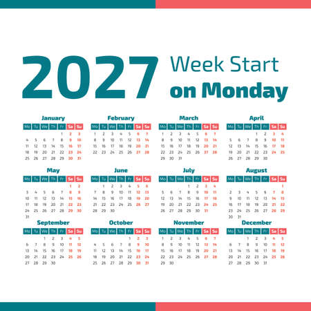 Simple 2027 year calendar, week starts on Mondayの写真素材