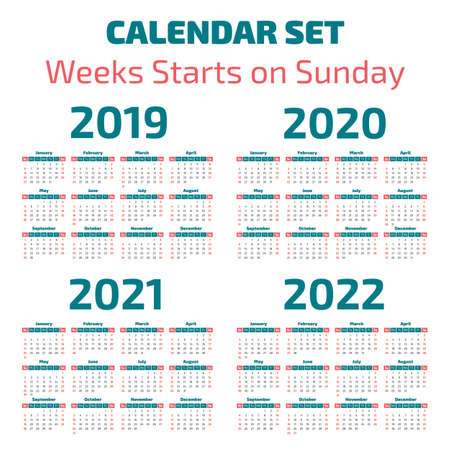 Simple 2019-2022 years calendar, week starts on Sundayのイラスト素材