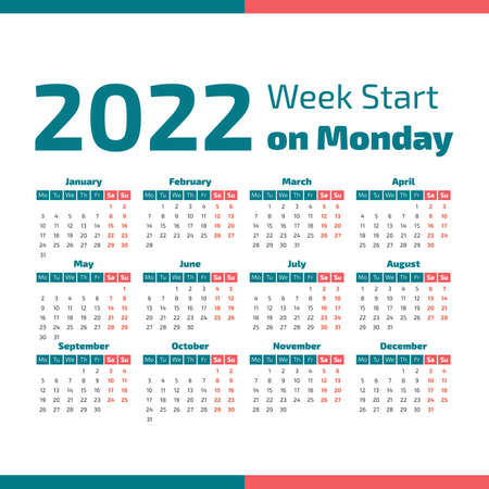 Simple 2022 year calendar, week starts on Mondayのイラスト素材