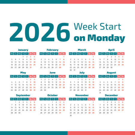 Simple 2026 year calendar, week starts on Mondayのイラスト素材