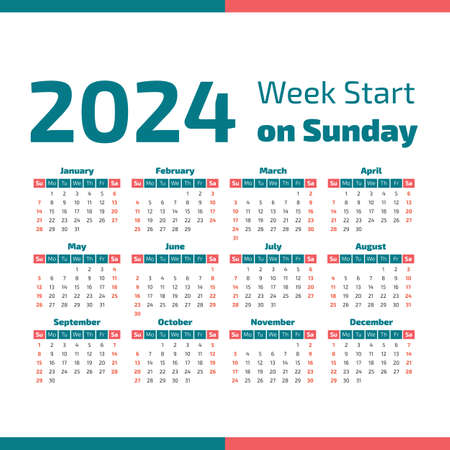 Simple 2024 year calendar, week starts on Sundayのイラスト素材